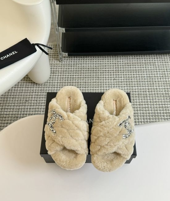 Chanel Rhinestone Decor Genuine Wool Fur Lined Platform Slippers