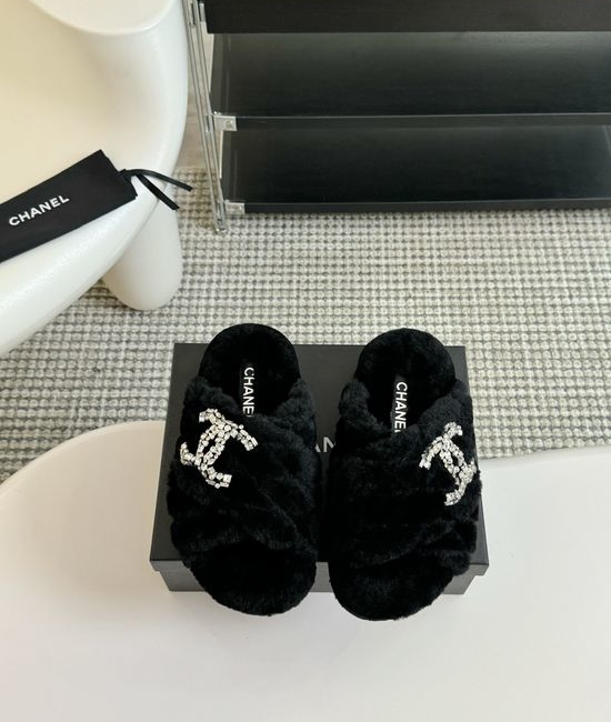 Chanel Rhinestone Decor Genuine Wool Fur Lined Platform Slippers