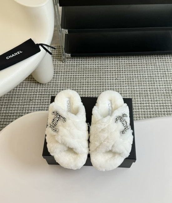 Chanel Rhinestone Decor Genuine Wool Fur Lined Platform Slippers