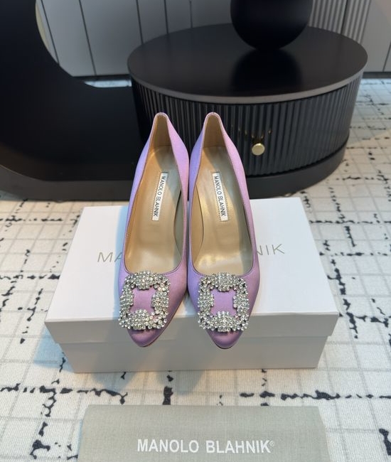 Manolo Blahnik MB Elegant Silk High Heels with Crystal Buckle for Formal Occasions