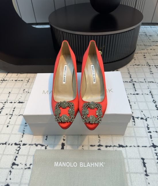 Manolo Blahnik MB Elegant Silk High Heels with Crystal Buckle for Formal Occasions