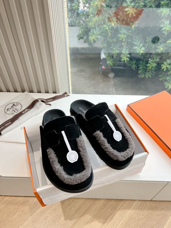 Hermes Suede Fleece Lined Platform Slip-on Mules