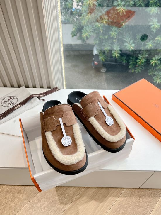 Hermes Suede Fleece Lined Platform Slip-on Mules