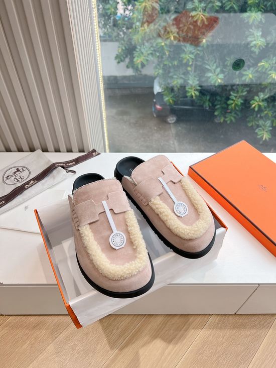 Hermes Suede Fleece Lined Platform Slip-on Mules
