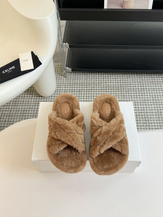 Celine Thick Sole Flip Flop Wool Slippers Wear-resistant Sole