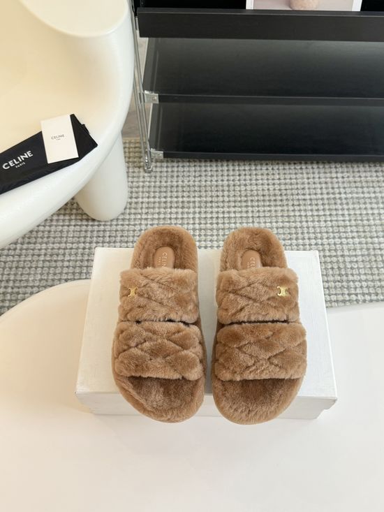 Celine Thick Sole Flip Flop Wool Slippers Wear-resistant Sole