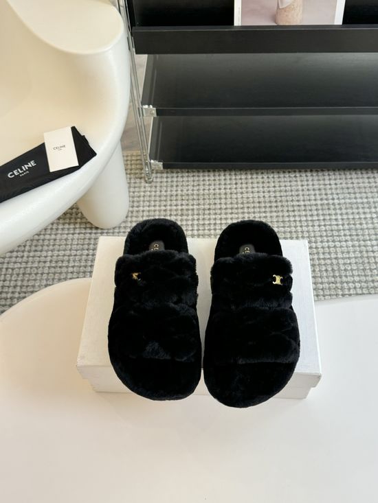 Celine Thick Sole Flip Flop Wool Slippers Wear-resistant Sole