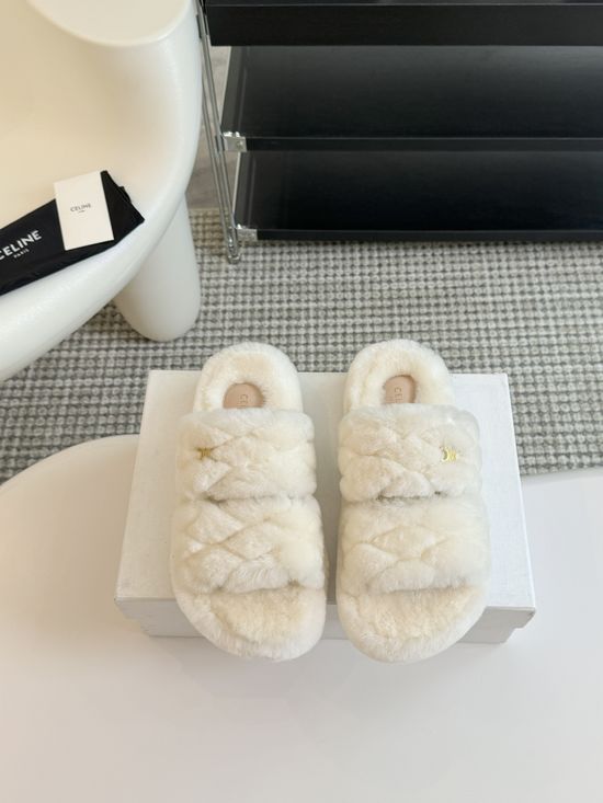 Celine Thick Sole Flip Flop Wool Slippers Wear-resistant Sole