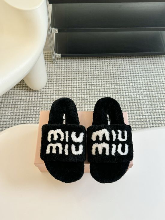 Miu Miu Rhinestone Decor Wool Platform Slippers Non Slip TPU Sole