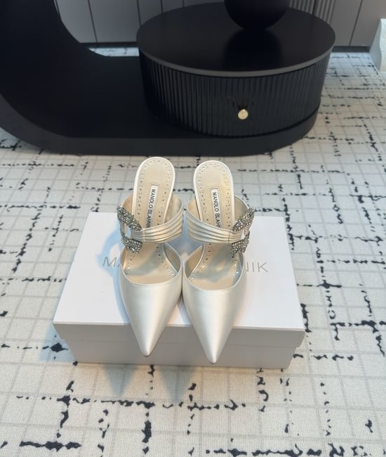 Manolo Blahnik MB Crystal Buckle Satin High Heel Mule Shoes