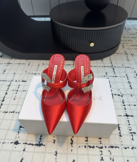 Manolo Blahnik MB Crystal Buckle Satin High Heel Mule Shoes