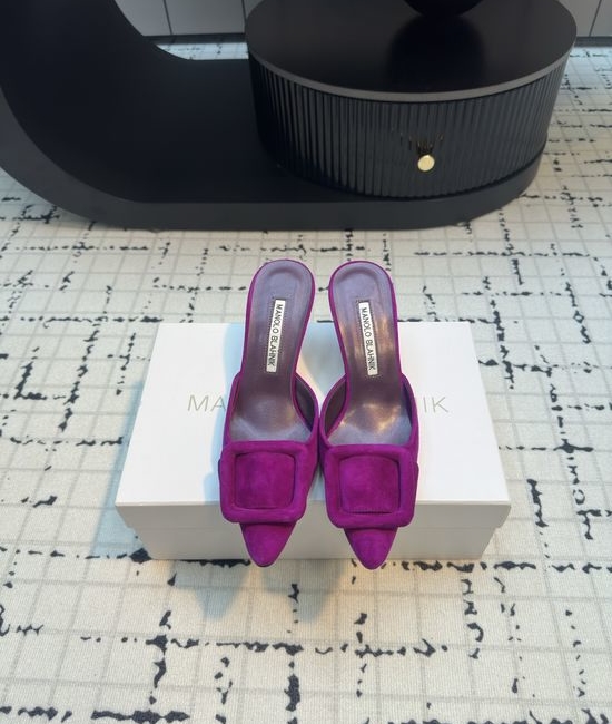 Manolo Blahnik MB Pointed Toe Buckle Suede Slide with Leather Sole