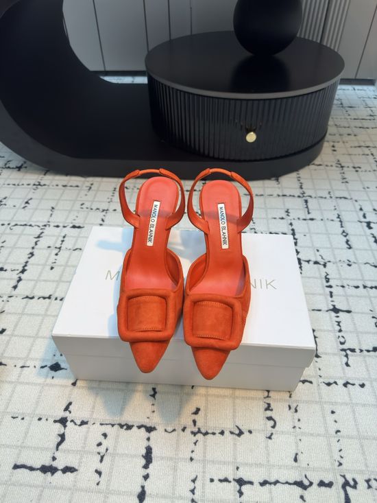 Manolo Blahnik Pointed Toe Buckle Suede Sandal with Leather Sole