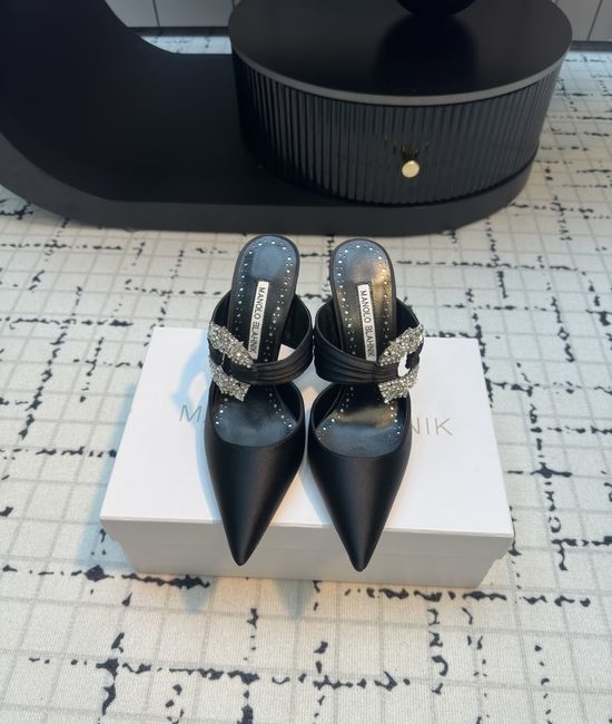 Manolo Blahnik MB Crystal Buckle Satin High Heel Mule Shoes