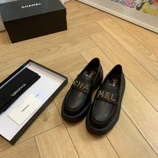 Chanel Thick Sole Leather Loafers with Letter Buckle