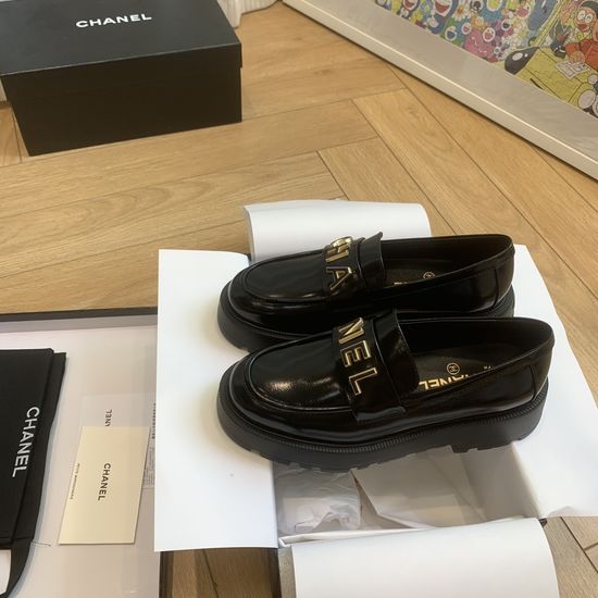 Chanel Thick Sole Leather Loafers with Letter Buckle