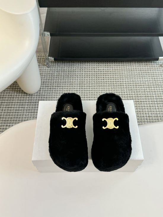 Celine Thick Sole Flip Flop Wool Slippers Wear-resistant Sole