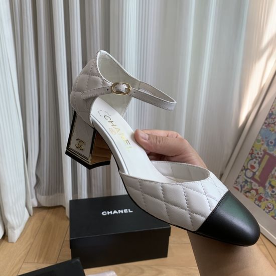 Chanel Two Tone Square Toe Chunky Metal Heel Sandals