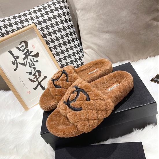 Chanel 3D Embroidered Lamb Wool Anti-slip Warm Slippers