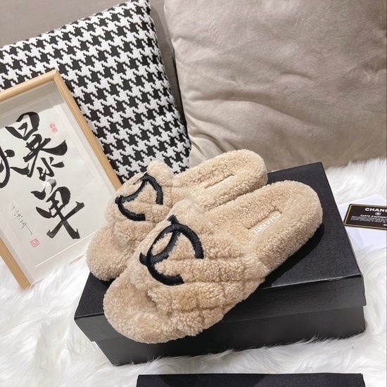 Chanel 3D Embroidered Lamb Wool Anti-slip Warm Slippers
