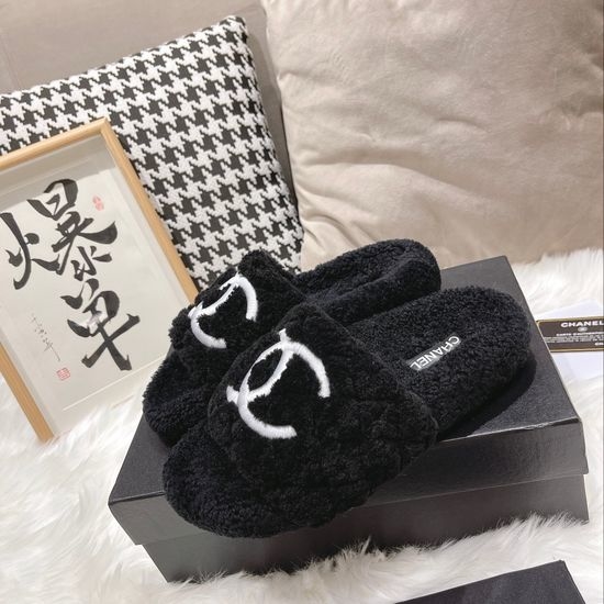 Chanel 3D Embroidered Lamb Wool Anti-slip Warm Slippers
