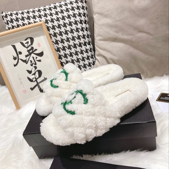 Chanel 3D Embroidered Lamb Wool Anti-slip Warm Slippers