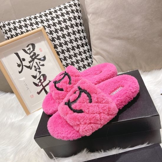 Chanel 3D Embroidered Lamb Wool Anti-slip Warm Slippers