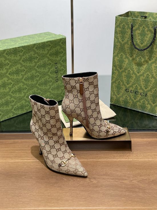 Gucci Pointed Toe Horsebit Ankle Boots With Monogram Upper