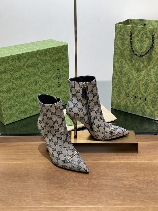 Gucci Pointed Toe Horsebit Ankle Boots With Monogram Upper
