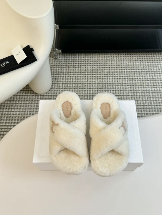 Celine Wool Lined Platform Slip On Slippers Non Slip Sole