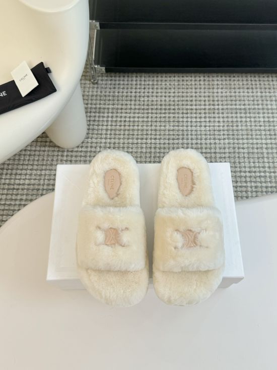 Celine Wool Lined Platform Slip On Slippers Non Slip Sole