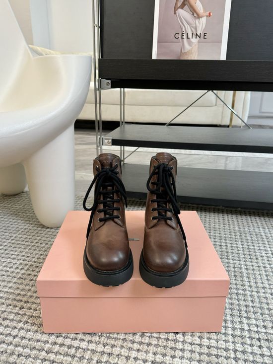 Miu Miu Grain Leather Martin Boots With Sheepskin Lining