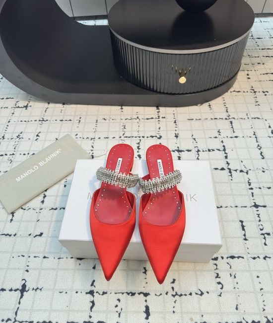 Manolo Blahnik MB Rhinestone Embellished Silk Mule Flat Shoes