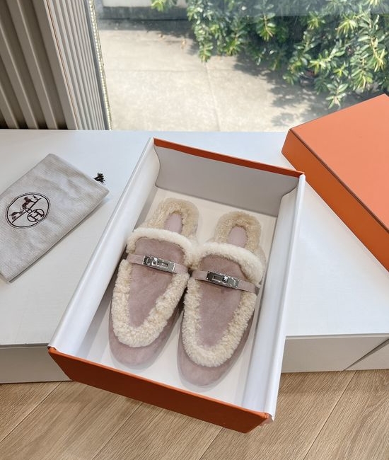 Hermes Fleece Lined Slip On Curly Fur Mule Slippers