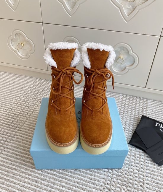 Prada Warm Plush Lined Platform Ankle Boots with Logo Detail