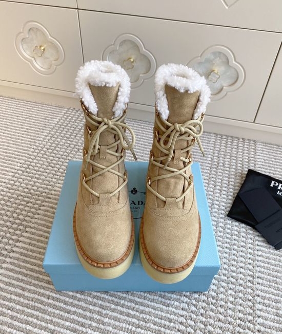 Prada Warm Plush Lined Platform Ankle Boots with Logo Detail