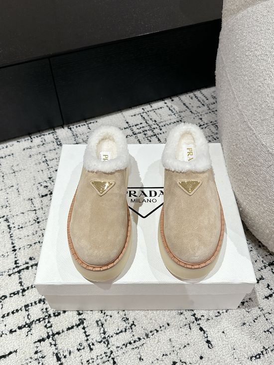 Prada Suede Platform Shearling Lined Mule Slippers Anti Slip