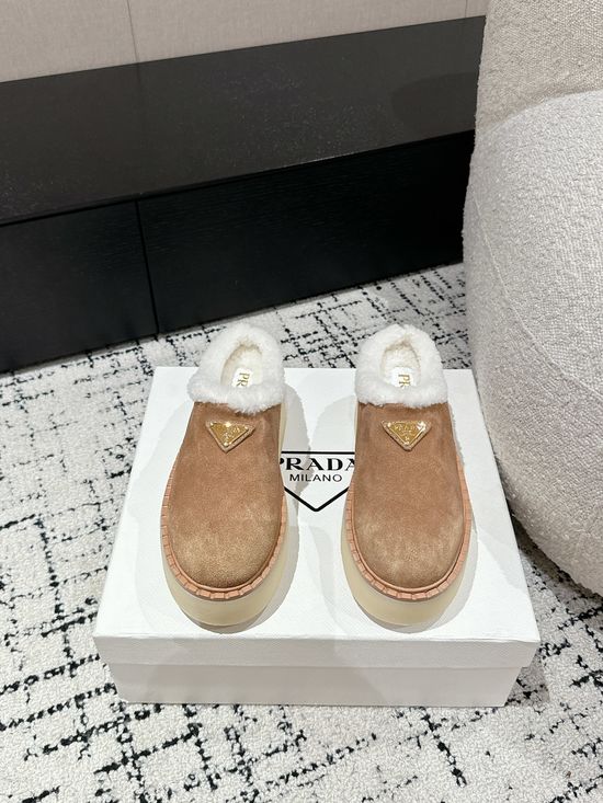 Prada Suede Platform Shearling Lined Mule Slippers Anti Slip