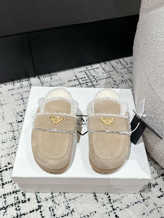 Prada Suede Shearling Lined Slide Slippers Anti Slip Sole