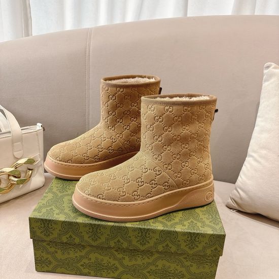 Gucci Embossed Pattern Wool Lined Ankle Boots Non-slip Warm Winter Footwear
