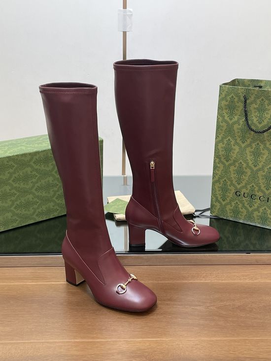 Gucci Knee High Leather Horsebit Boots Slim Leg Chunky Heel