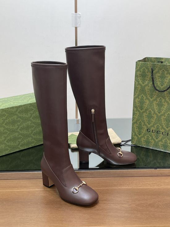 Gucci Knee High Leather Horsebit Boots Slim Leg Chunky Heel