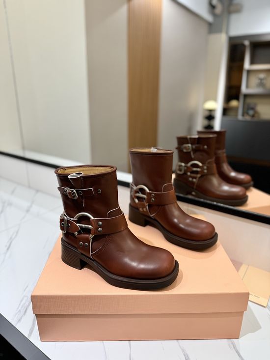 Miu Miu Distressed Leather Slip-Resistant Biker Boots