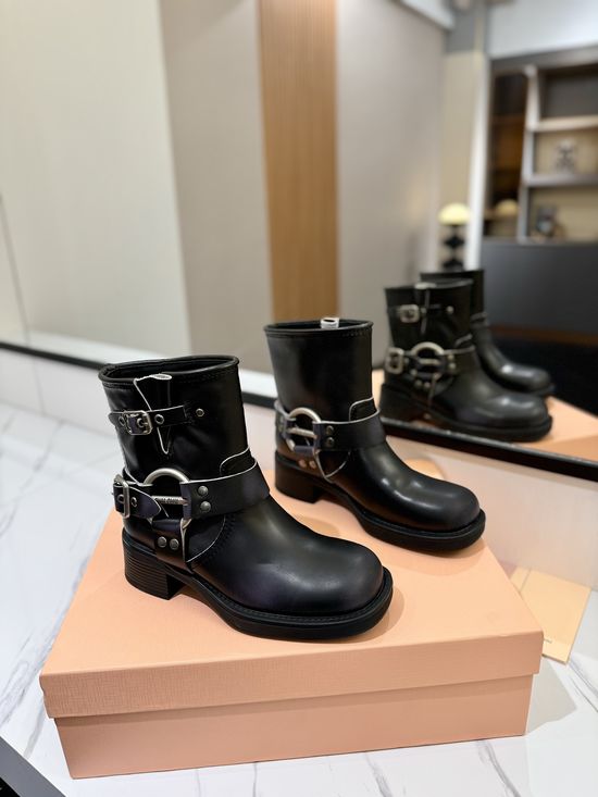 Miu Miu Distressed Leather Slip-Resistant Biker Boots