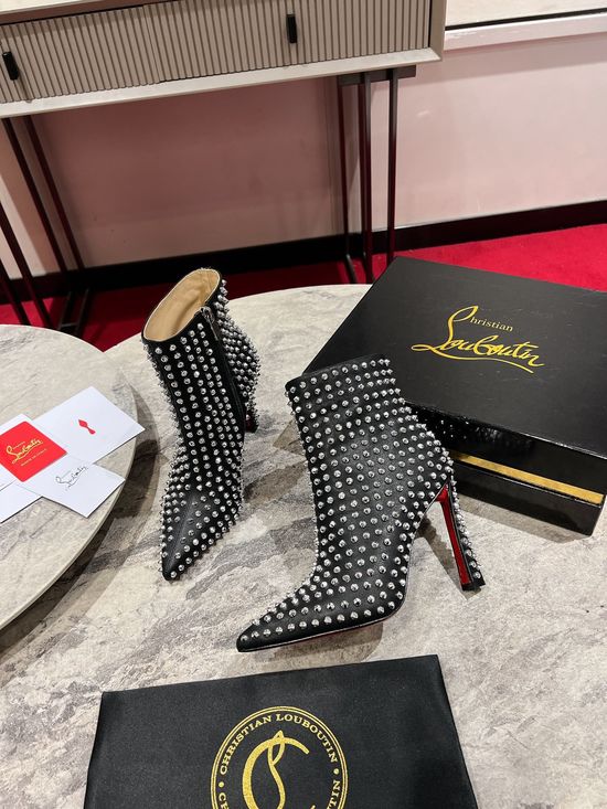Christian Louboutine Edgy Studded Black Leather Pointed Toe Ankle Boots