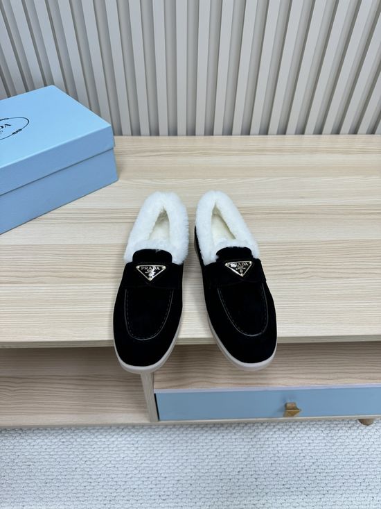 Prada Cozy Wool Lined Loafers Suede Upper Non Slip Durable Sole