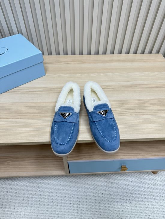 Prada Cozy Wool Lined Loafers Suede Upper Non Slip Durable Sole