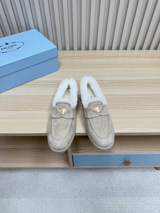 Prada Cozy Wool Lined Loafers Suede Upper Non Slip Durable Sole