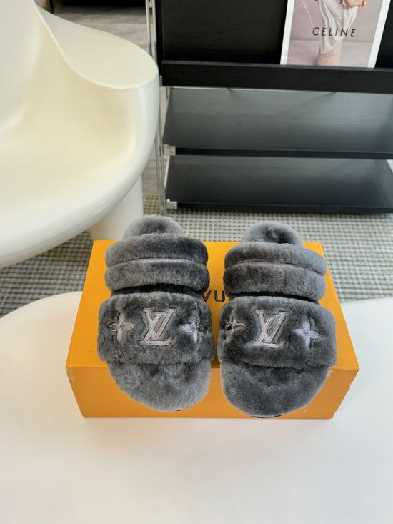 Louis Vuitton Cozy Wool Fuzzy Slippers Anti Slip Rubber Sole