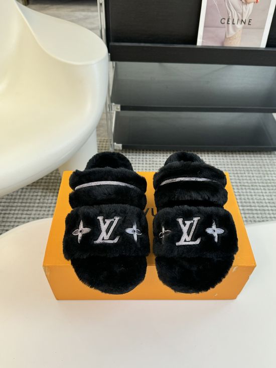 Louis Vuitton Cozy Wool Fuzzy Slippers Anti Slip Rubber Sole